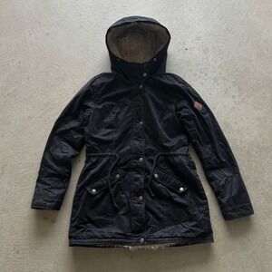 Hollister Jacket Women's Medium Black Faux Fur Hood Y2K Parka Bella Swan